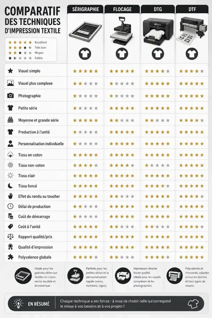 Voici une comparaison détaillée des techniques d'impression textile