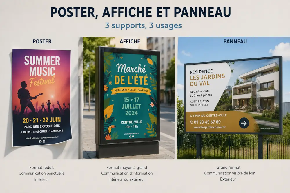 Poster, affiche et panneau : 3 supports, 3 usages complémentaires