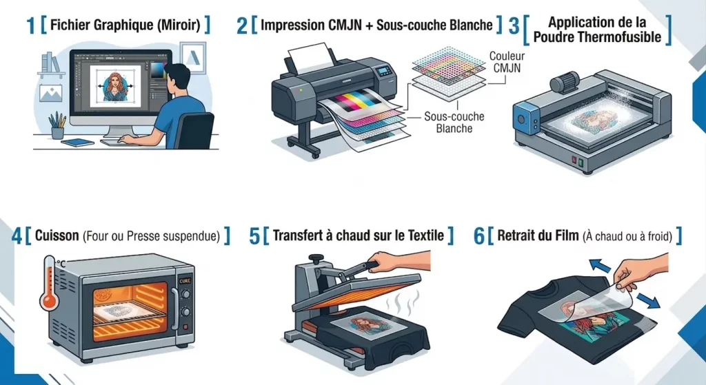 Guide pas à pas sur les différentes étapes de l'impression DTF
