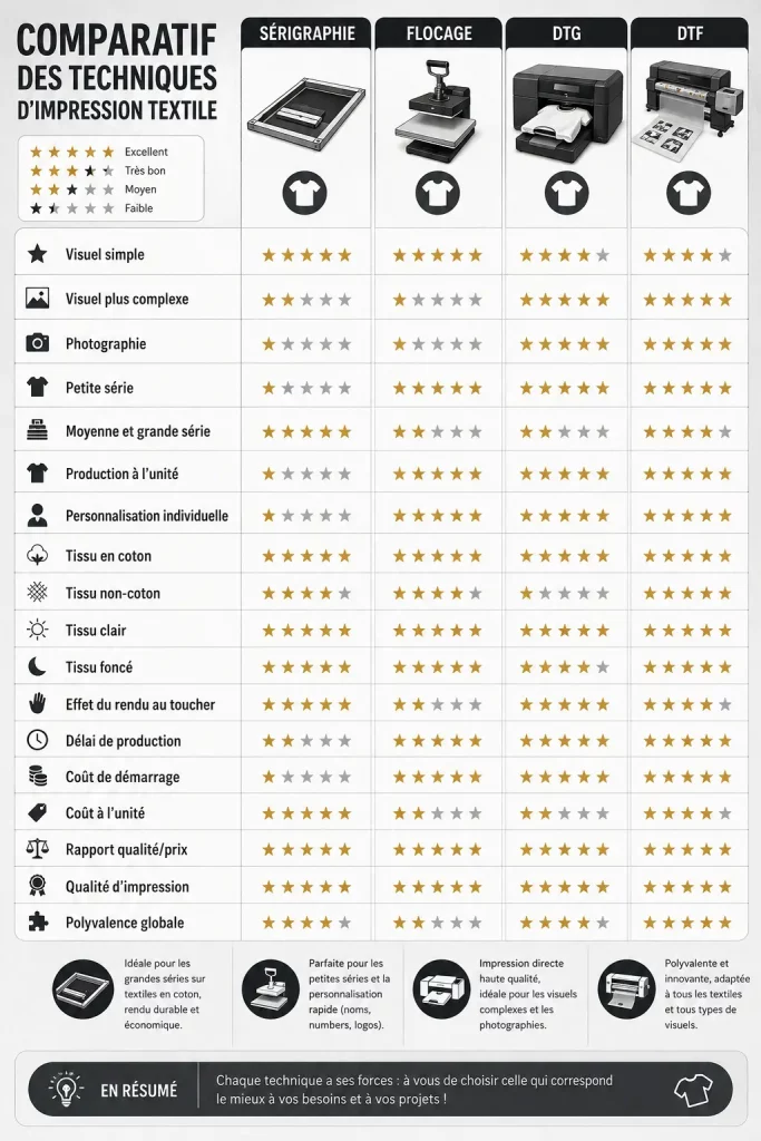 Tableau comparatif de toutes les techniques de marquage textile